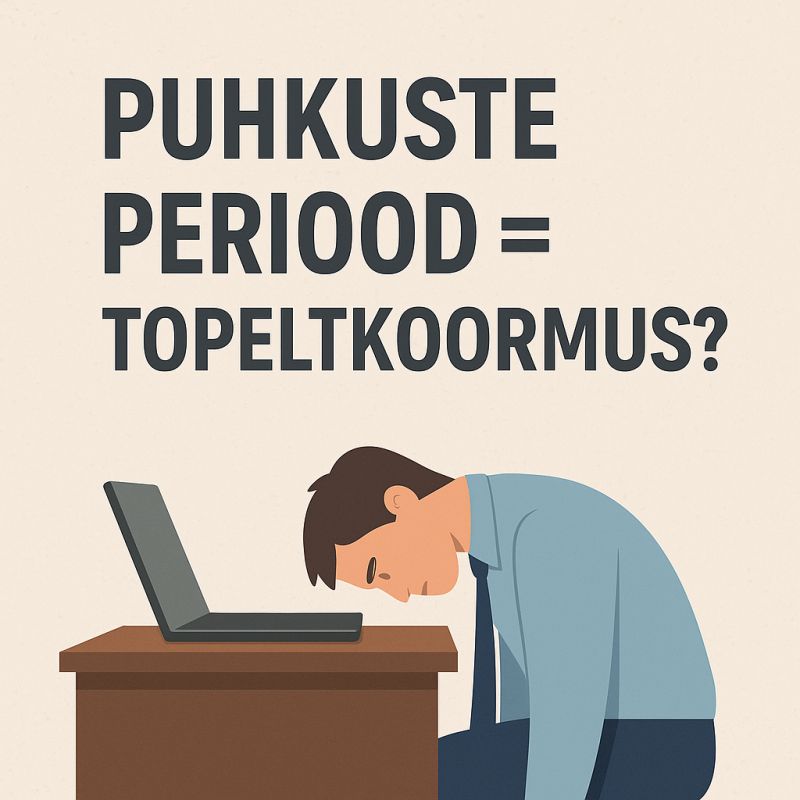 Puhkuste periood = topeltkoormus
Pildil laual olev laptop ja kurnatud mees selle taga istumas