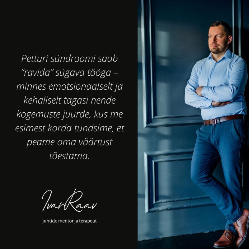 On the right side of the picture, Ivar Raav is standing by the blue door, wearing blue jeans and a blue sweatshirt.
Text on the left: 'Traitor syndrome can be "cured" by deep work - by going back emotionally and physically to the experiences where we first felt we had to prove our worth.'