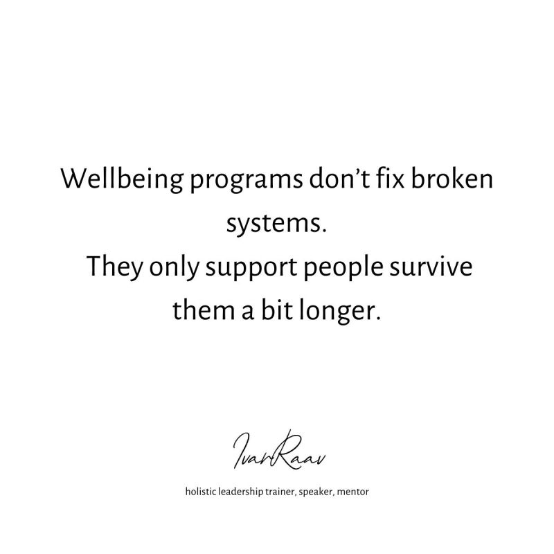 Pildil tekst: Wellbeing programs don't fix broken systems. They only support people survive them a bit longer.