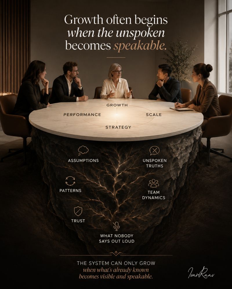Text on the picture: Growth often begins when the unspoken becomes speakable. The system can only grow when what's already known becomes visible and speakable.